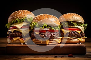 Delicious cheeseburgers on a wooden background - Ai Generated