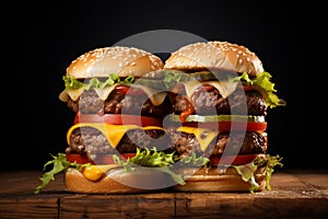 Delicious cheeseburgers on a wooden background - Ai Generated