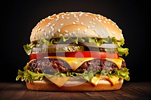 Delicious cheeseburgers on a wooden background - Ai Generated