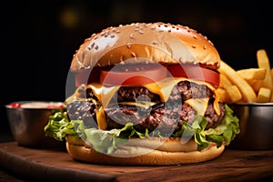 Delicious cheeseburgers on a wooden background - Ai Generated