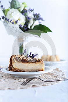 Delicious cheesecake on bright background
