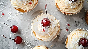 Delicious Cherry-topped Cupcakes on a Textured Surface. Homemade Dessert, Perfect for Party and Tea Time. Stylish Food