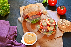 Delicious Chicken Burger - served with sliced vegetables and dips