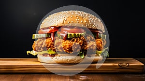 Delicious Chicken Burger On Wooden Board - Commercial Style Imagery