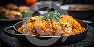 Delicious Chicken Dish with Rice Carots on Blurry Background