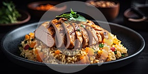 Delicious Chicken Dish with Rice Carots on Blurry Background