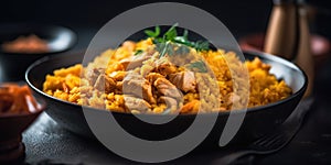 Delicious Chicken Dish with Rice Carots on Blurry Background