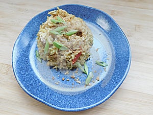 Delicious chicken fried rice with egg, carrot, garlic and green onion