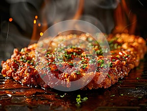 Delicious chicken-fried steak photography, explosion flavors, studio lighting, studio background, well-lit, vibrant