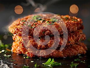 Delicious chicken-fried steak photography, explosion flavors, studio lighting, studio background, well-lit, vibrant