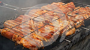 Delicious chicken frying on barbecue grill grate outdoor. Seasoning falling on fresh grilled chicken wings. Summer party