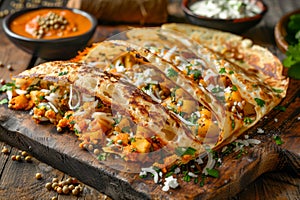 Delicious Chicken Quesadilla Served on Wooden Board with Sauces and Greens