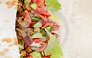 Delicious chicken shawarma with white background, flat lay, top view, copy space