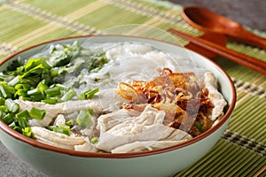 Delicious chicken soup with glass noodles mien ga is a Vietnamese dish that is guaranteed to comfort closeup on the bowl.