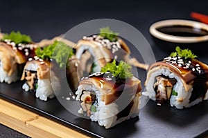 Delicious chicken teriyaki sushi rolls with savory, tender meat and sticky rice, topped with sesame seeds and wrapped in seaweed