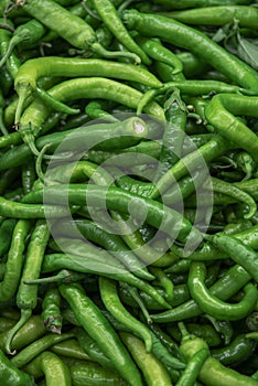 Delicious chilli peppers on a market stall, above vantage point photography, close up