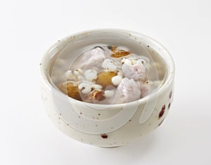 Delicious Chinese dessert, barley, taro, chestnut syrup.on white background