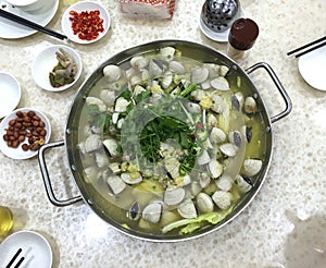 Delicious Chinese Food Macau Macao China Cantonese Cuisine Seafood Steampot Steaming Pot Fresh Shellfish Seafood Clam Hotpot