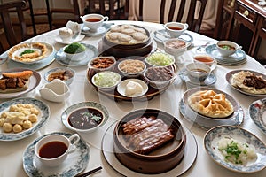 A delicious, Chinese meal, highlighting a variety of dishes such as Peking duck, mapo tofu and dumplings, served on a lazy Susan