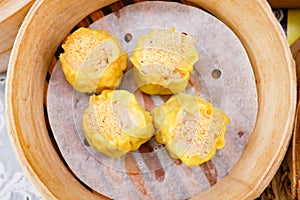 Delicious Chinese steamed shrimp dimsum in bamboo containers