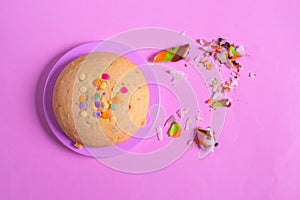 Delicious chip cookies on a pink background