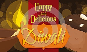Delicious Chocolate Barfi and Diya Dessert for Diwali Celebration, Vector Illustration