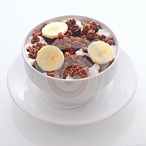 Delicious chocolate breakfast cereal with banana