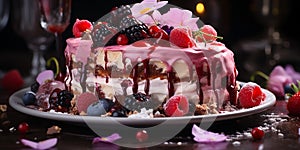 Delicious chocolate cake covered with fruits and strew berry topping