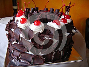 Delicious chocolate cake with maraschino cherries