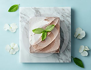 Delicious chocolate cake with mint leaves on marble background