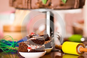 Delicious chocolate cake pieces with cream filling sitting on small plates, pastry concept
