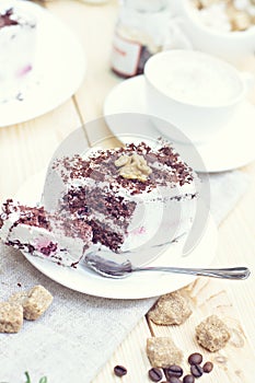 Delicious chocolate cake on plate