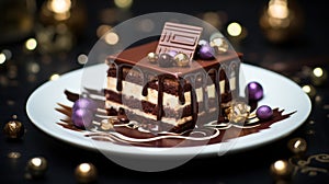 Delicious chocolate cake with topping and nice serving