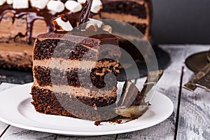 Delicious chocolate cake in white plate on wooden table background