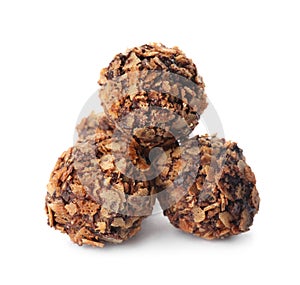 Delicious chocolate candies with waffle crumbles isolated