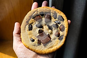 Delicious Chocolate Chip and Peanut Butter Cup Cookie Held by a Hand