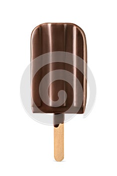 Delicious chocolate covered popsicle on a wooden stick isolated on white