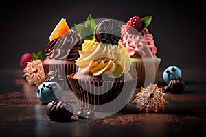 Delicious chocolate cupcakes decorated with fruit and vanilla frosting. Close up of a sweet dessert. Dark mood styling.