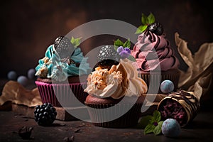 Delicious chocolate cupcakes decorated with fruit and vanilla frosting. Close up of a sweet dessert. Dark mood styling.