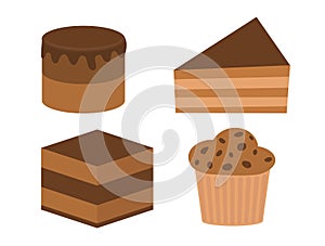 Delicious chocolate dessert, pastries, cupcake muffin, Birthday cake slice set. Chocolate cakes collection. Different shape pieces