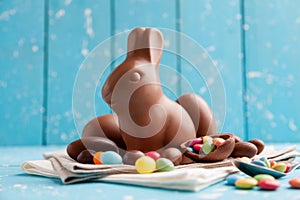 Delicious chocolate Easter bunny, eggs and sweets
