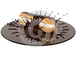 Delicious chocolate eclair isolated on white background