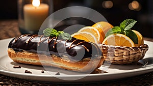 Delicious Chocolate Eclair Pastry with Orange Slices