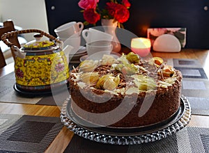 Delicious chocolate homemade cake with physalis