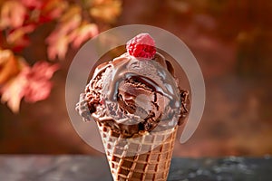 Delicious Chocolate Ice Cream Scoop in Waffle Cone with Raspberry Topping on Warm Autumn Background