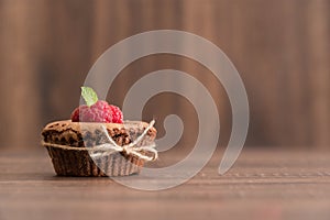 Delicious chocolate lava cake with fresh raspberries and mint on the table, detail