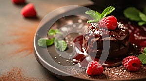 Delicious chocolate lava cake served with fresh raspberries, mint, and a drizzle of syrup