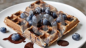 Delicious chocolate and maple syrup fresh baked waffles morning breakfast with blueberries topping.