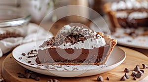 Delicious chocolate pie topped with whipped cream and chocolate shavings