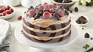 Delicious chocolate raspberry cake on kitchen counter